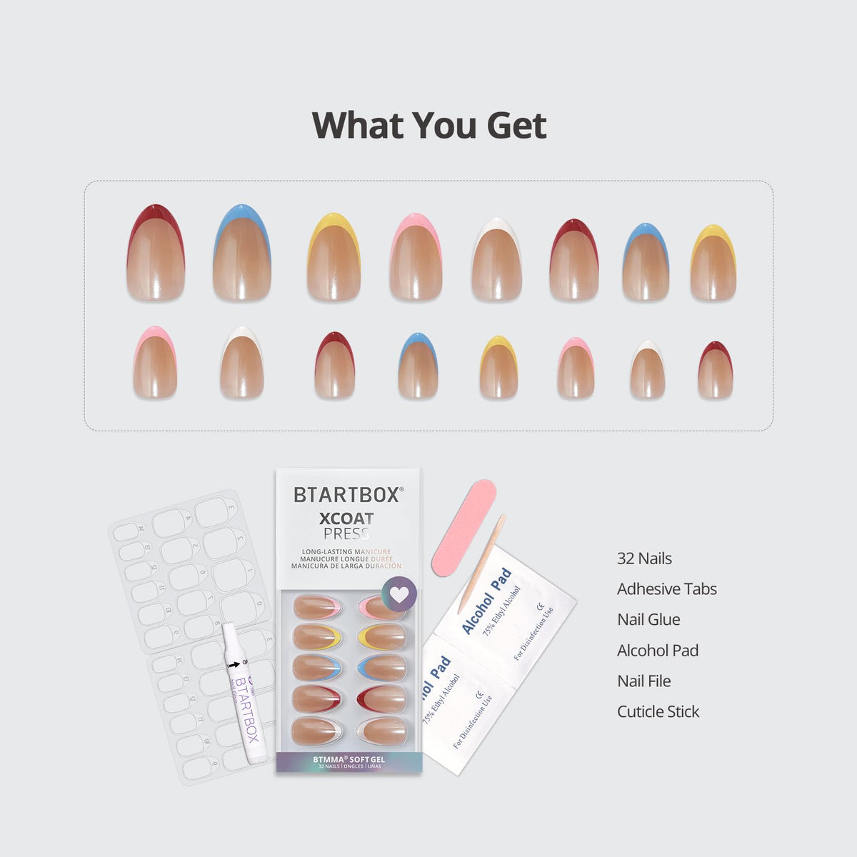 BTArtbox Press On Nails, Short Almond Pink Fake Nails, 32Pcs Full Kit