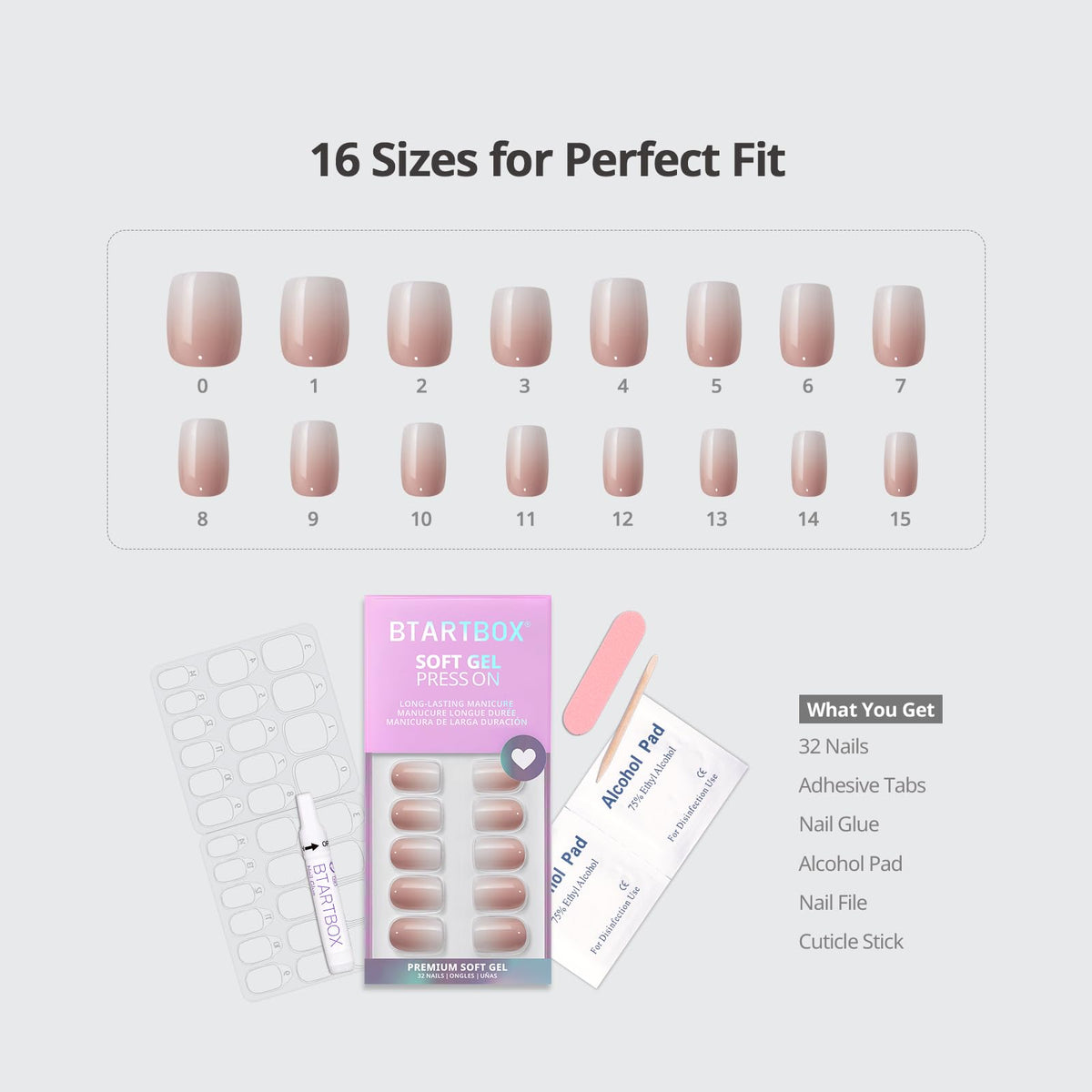 BTArtbox Press On Nails, Short Almond Pink Fake Nails, 32Pcs Full Kit
