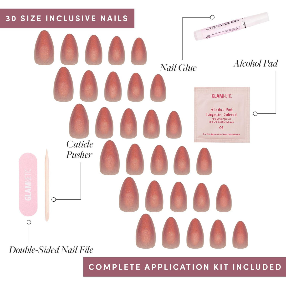 Glamnetic Press On Nails, Short Almond Glossy, Fake Nails 30pc Nail Kit