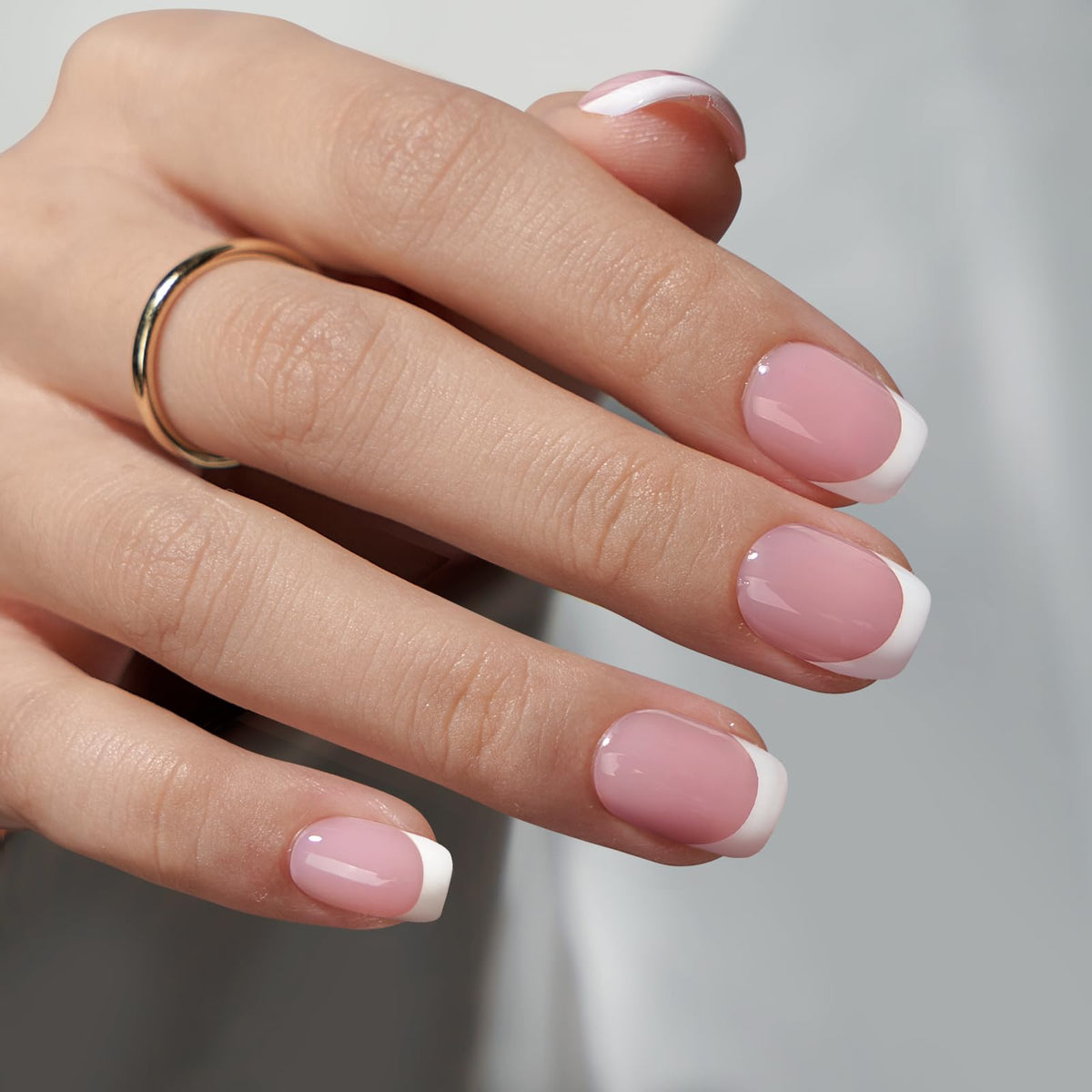 BTArtbox Press On Nails, Short Almond Pink Fake Nails, 32Pcs Full Kit