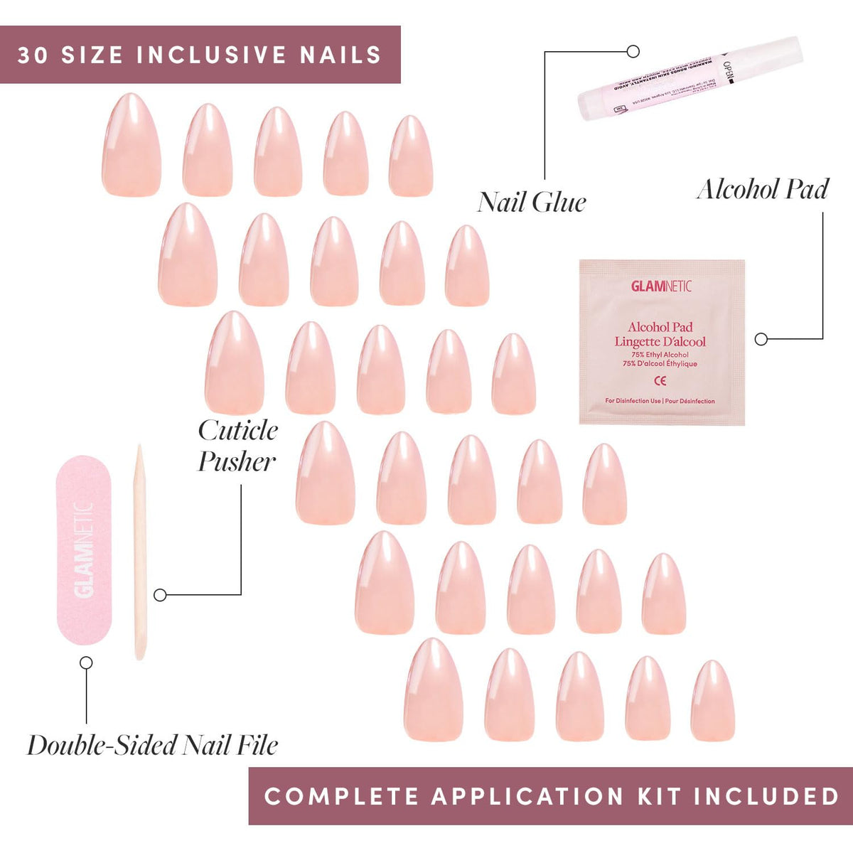 Glamnetic Press On Nails, Short Almond Glossy, Fake Nails 30pc Nail Kit