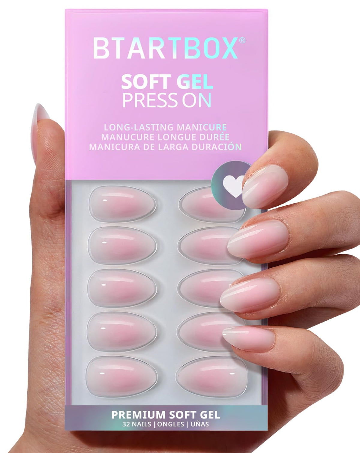 BTArtbox Press On Nails, Short Almond Pink Fake Nails, 32Pcs Full Kit