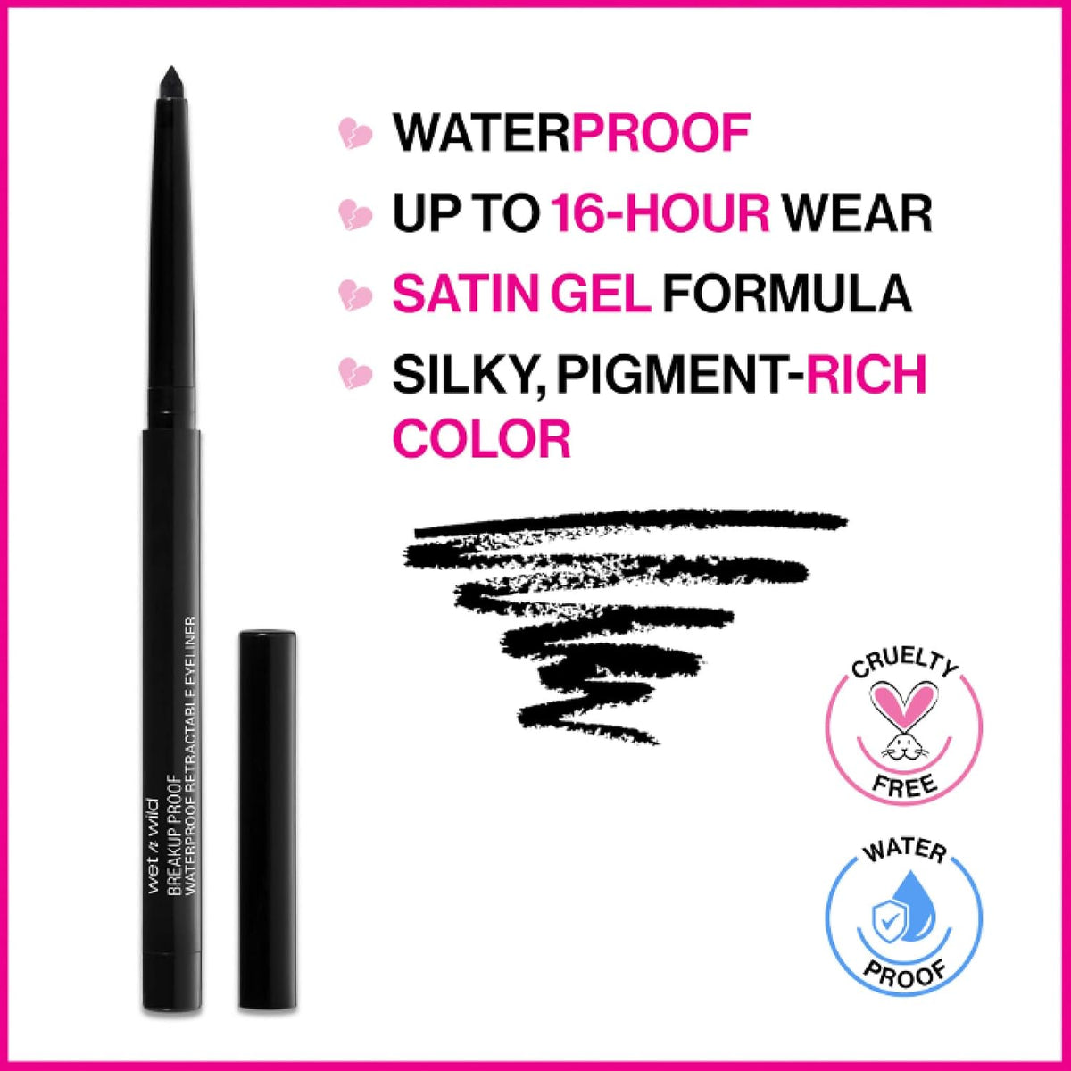 wet n wild Mega Last Breakup Proof Waterproof Retractable Gel Eyeliner - Ultra Pigmented 16-Hour Long Wear, Smudge Proof Satin Finish Formula, Cruelty-Free & Vegan - Charcoal
