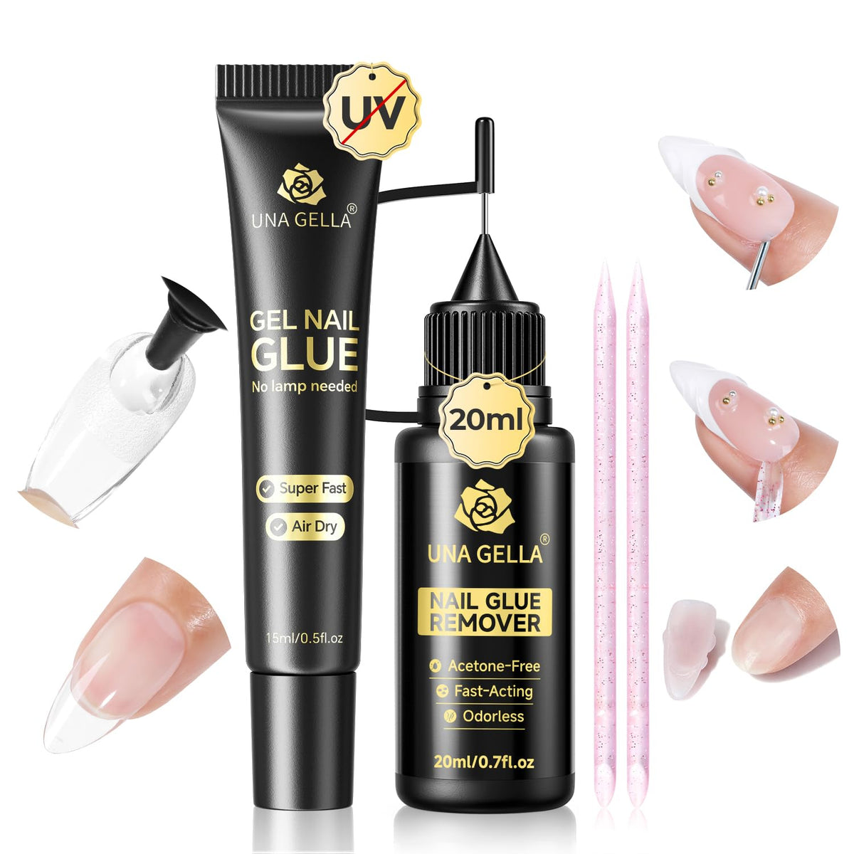UNA GELLA 20ml*2PCS Nail Glue Remover for Press on, Multi-Functional Pinpoint Glue Remover Fast Removal Gentle Non-Acetone with Crystal Sticks for Nails Polish False Acrylic Nail Tips Home DIY