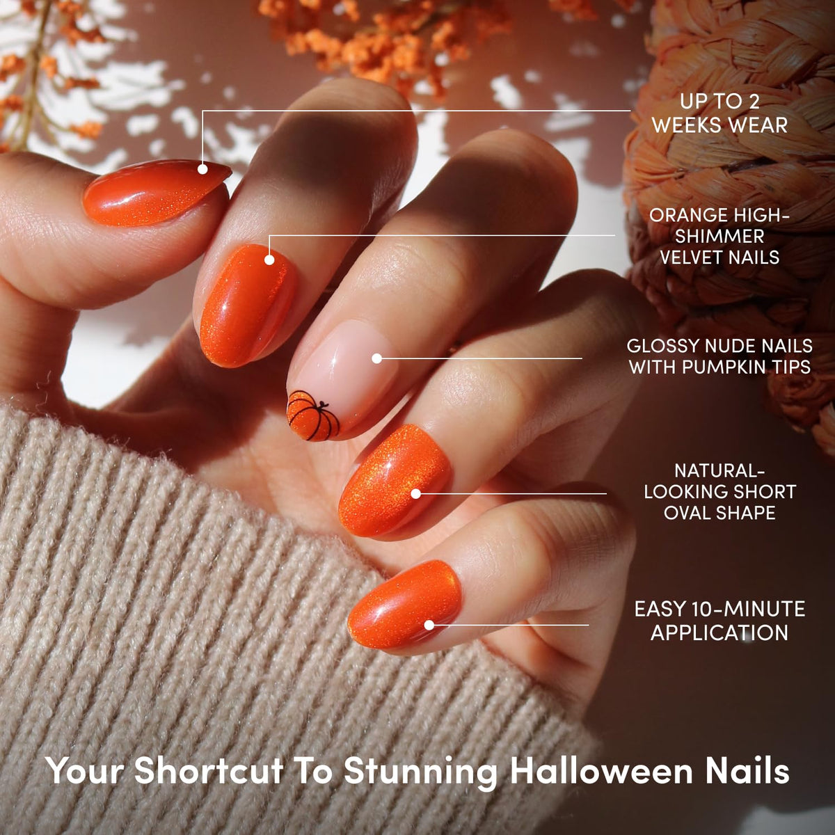 Glamnetic Halloween Press On Nails, Short Almond Glazed, October Nights