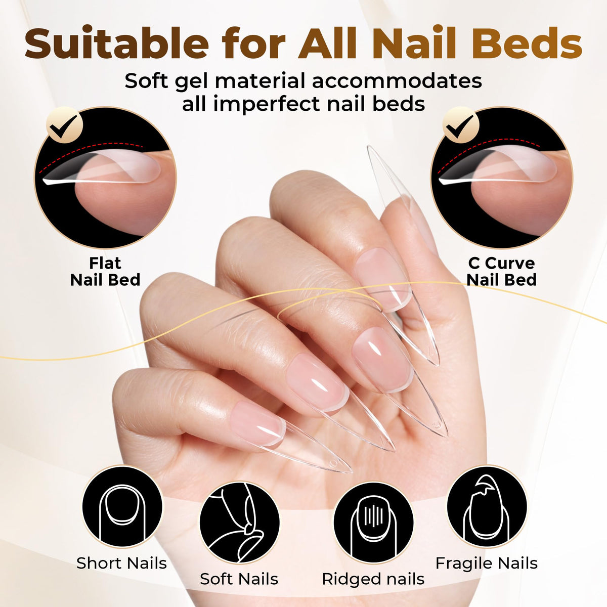 UNA GELLA Almond Gel Nail Tips 504PCS Pre-Etched Clear Fake Nails Tips