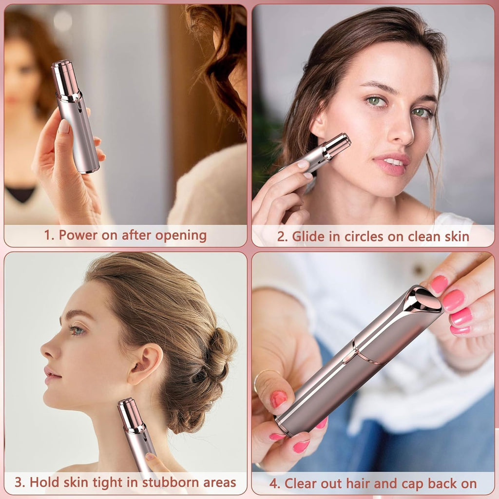 Facial Hair Remover for Women - as Seen on TV Painless Face Shaver - Electric Hair Removal Device for Face Lips Peach Fuzz with Light (Rose Gold)