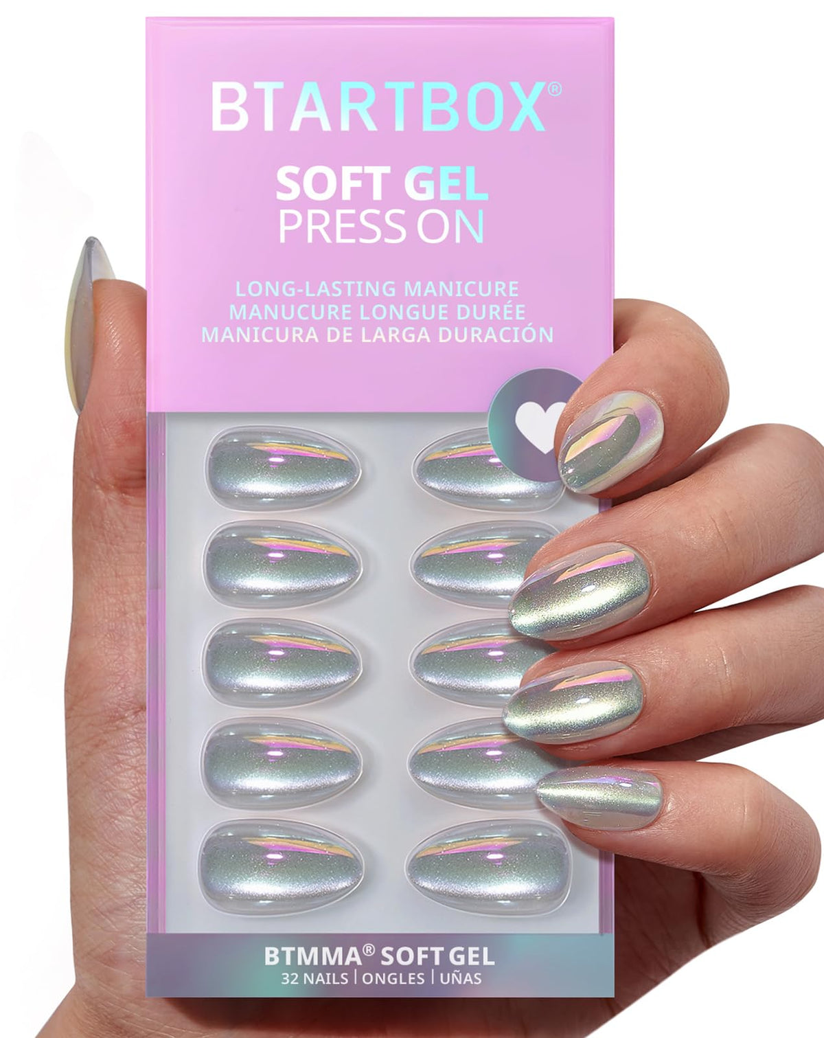 BTArtbox Press On Nails, Short Almond Pink Fake Nails, 32Pcs Full Kit