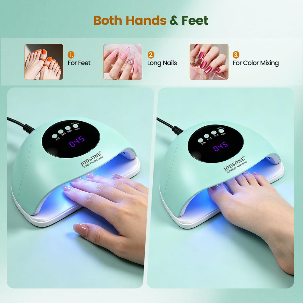 JODSONE U V LED Nail Lamp with Base Coat Top Coat Set, Nail Dryer for Gel Polish for Nails with Automatic Sensor & 4 Timers