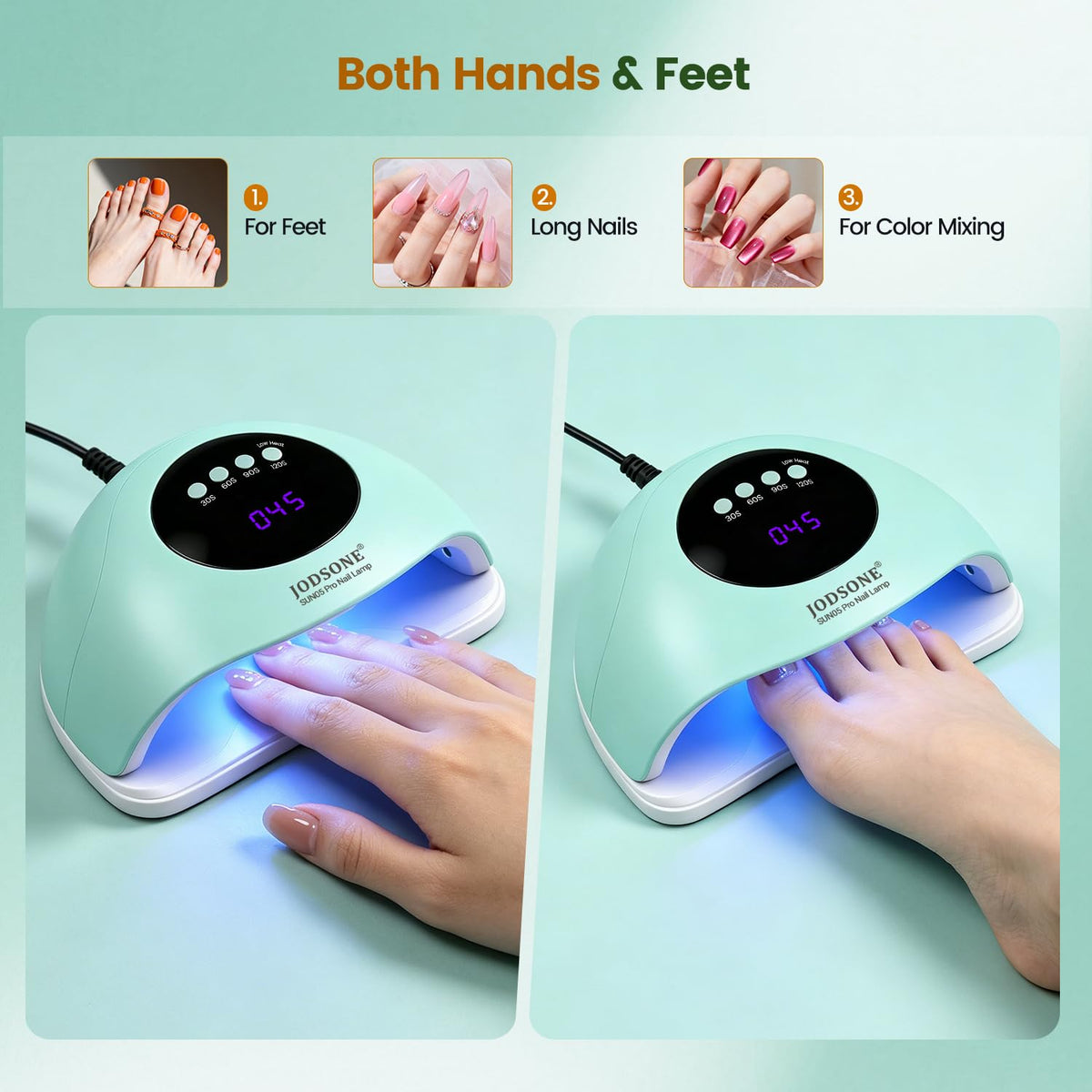 JODSONE U V LED Nail Lamp with Base Coat Top Coat Set, Nail Dryer for Gel Polish for Nails with Automatic Sensor & 4 Timers