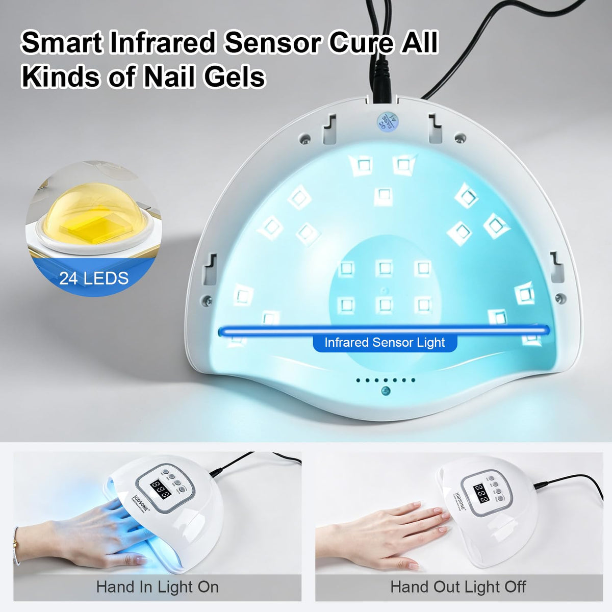 JODSONE U V LED Nail Lamp with Base Coat Top Coat Set, Nail Dryer for Gel Polish for Nails with Automatic Sensor & 4 Timers