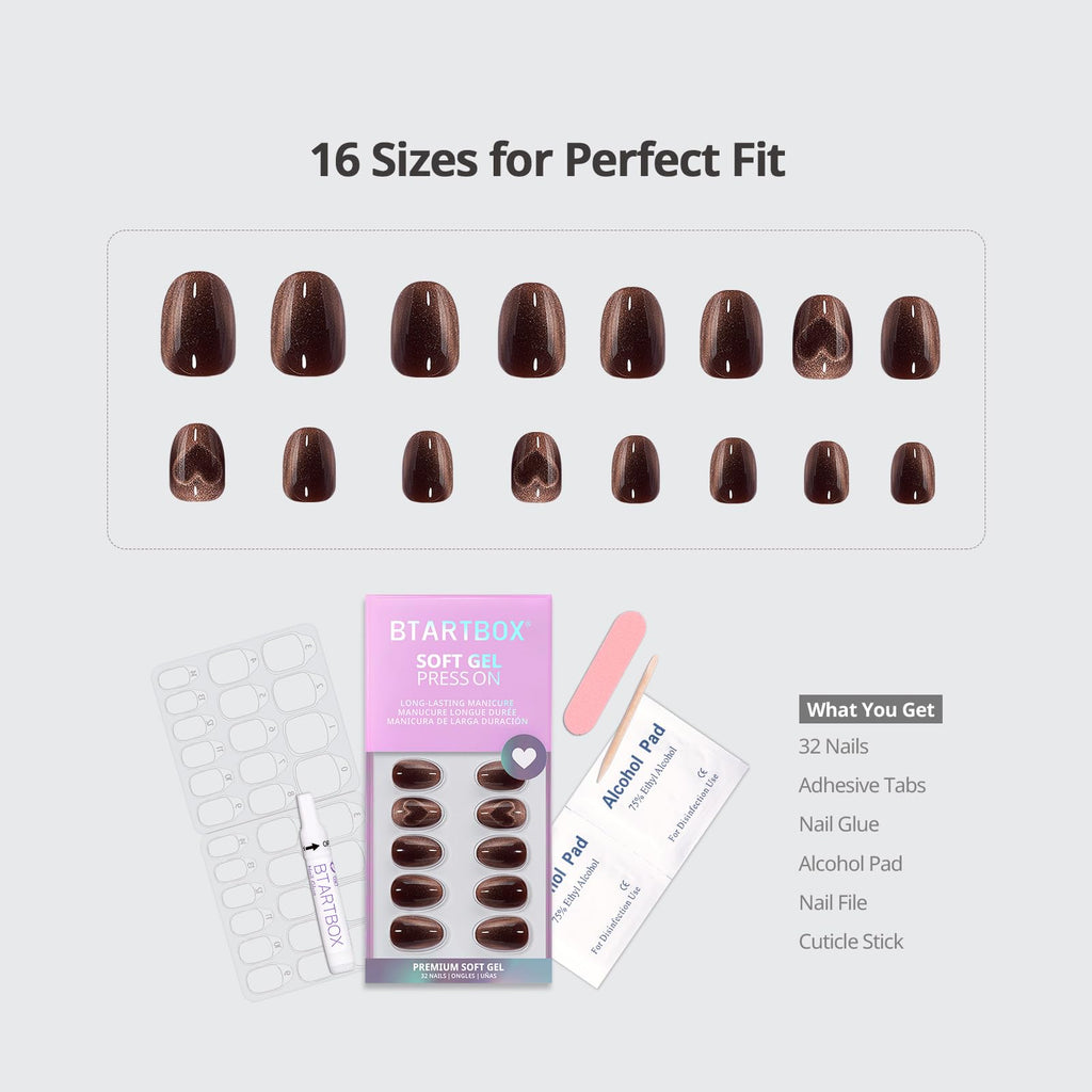 BTArtbox Press On Nails, Short Almond Pink Fake Nails, 32Pcs Full Kit