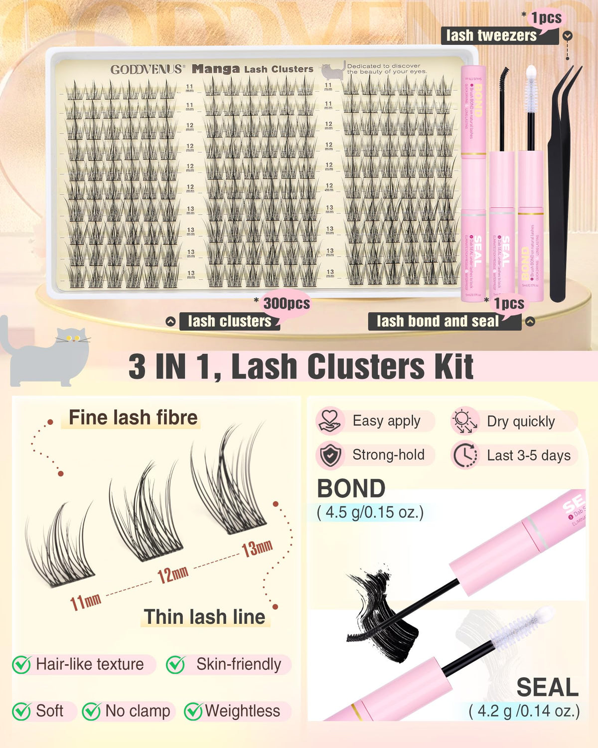 Goddvenus Lash Clusters Kit Wispy Eyelash Clusters Lashes Natural DIY Lash Extension Kit 10-16mm Cluster Eyelash Extensions Kit 300pcs C Curl Individual Lashes Cluster Eyelash (With Tweezers)