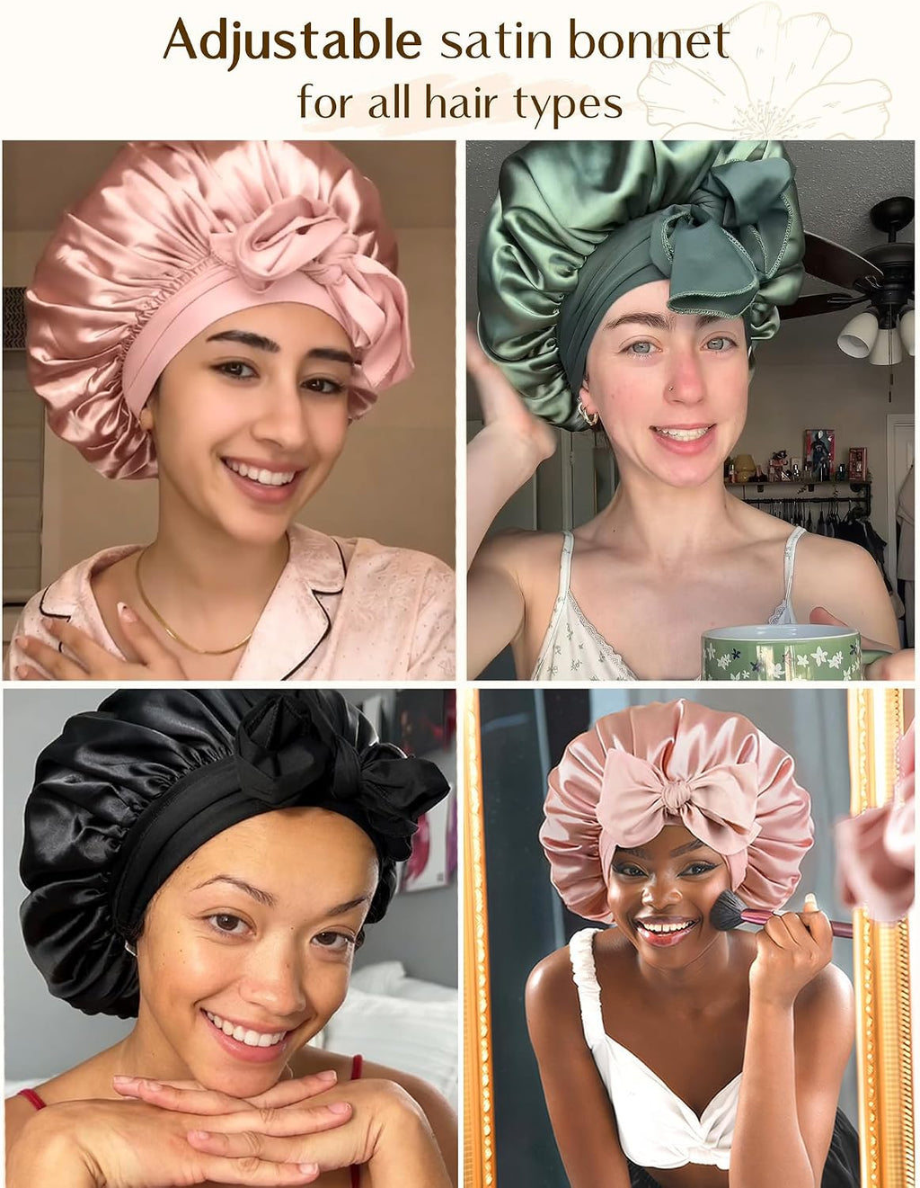 YANIBEST Adjustable Silk Bonnet for Sleeping Women Double Layer Satin Bonnet Reduce Friction Prevent Frizz Curly Hair