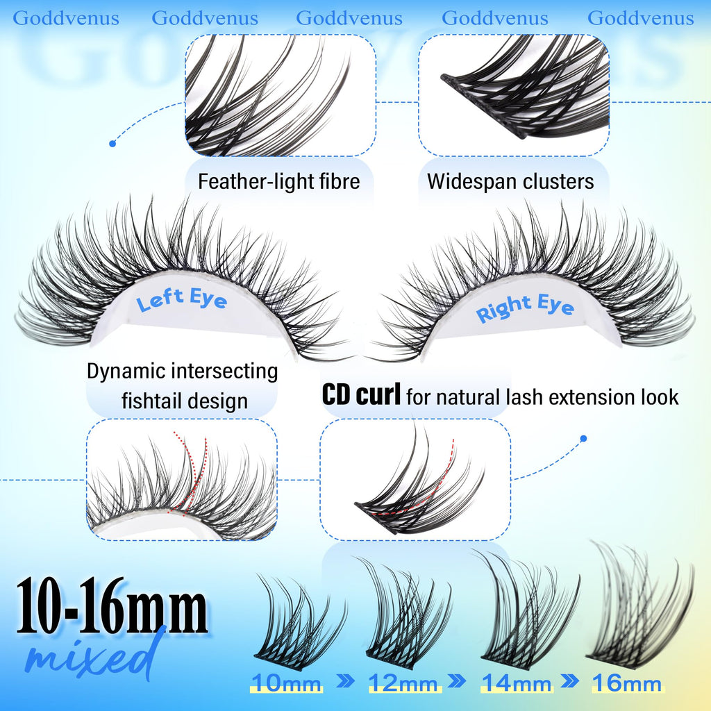 Goddvenus Lash Clusters Kit Wispy Eyelash Clusters Lashes Natural DIY Lash Extension Kit 10-16mm Cluster Eyelash Extensions Kit 300pcs C Curl Individual Lashes Cluster Eyelash (With Tweezers)