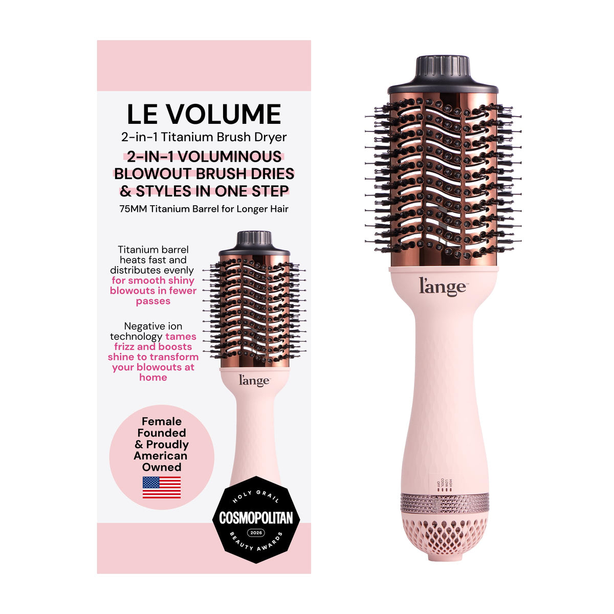L'ANGE HAIR Le Volume 2-in-1 Titanium Blow Dryer Brush | Frizz Control Blowout Hair Dryer Brush for Drying and Styling | Volumizing Hot Air Styler for All Hairstyles | Oval Barrel | Black - 75mm