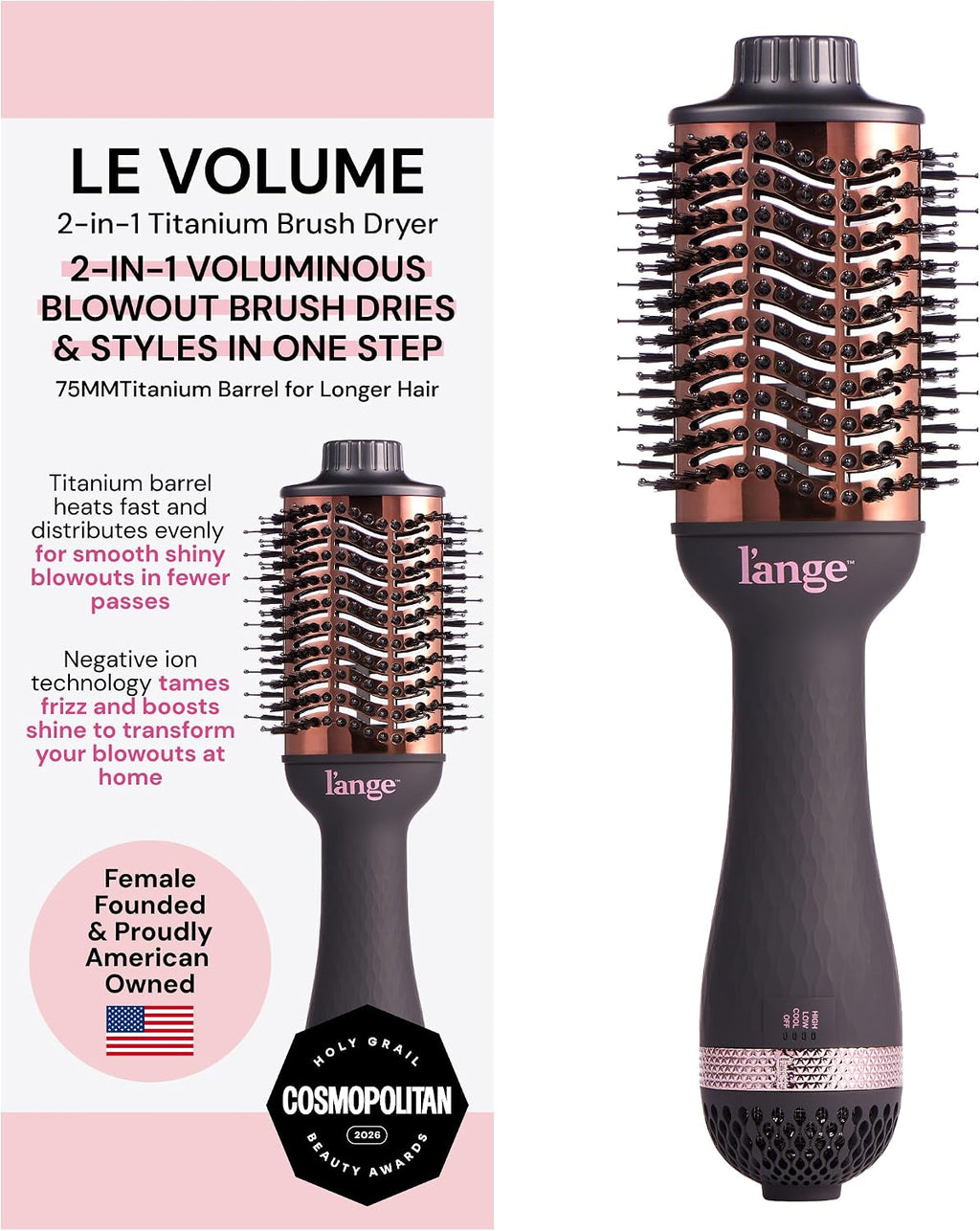 L'ANGE HAIR Le Volume 2-in-1 Titanium Blow Dryer Brush | Frizz Control Blowout Hair Dryer Brush for Drying and Styling | Volumizing Hot Air Styler for All Hairstyles | Oval Barrel | Black - 75mm