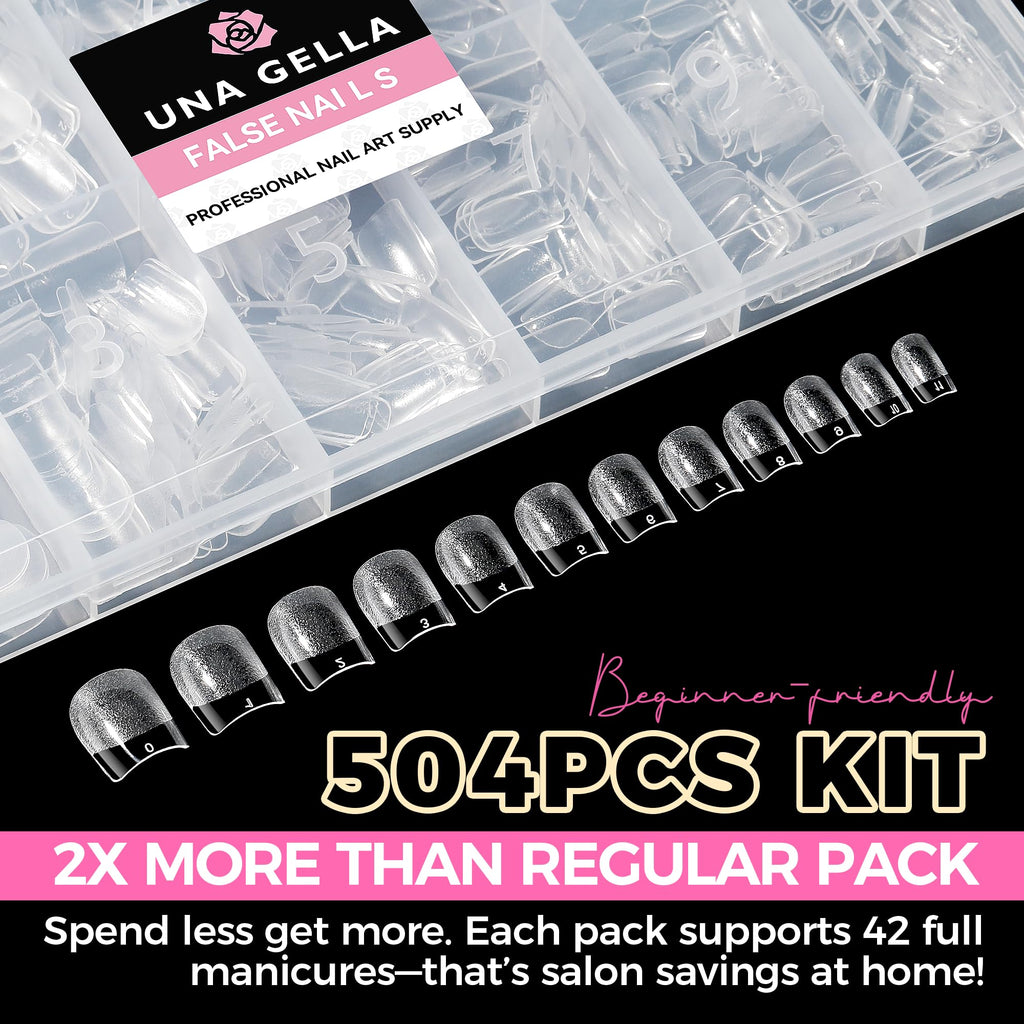 UNA GELLA Almond Gel Nail Tips 504PCS Pre-Etched Clear Fake Nails Tips