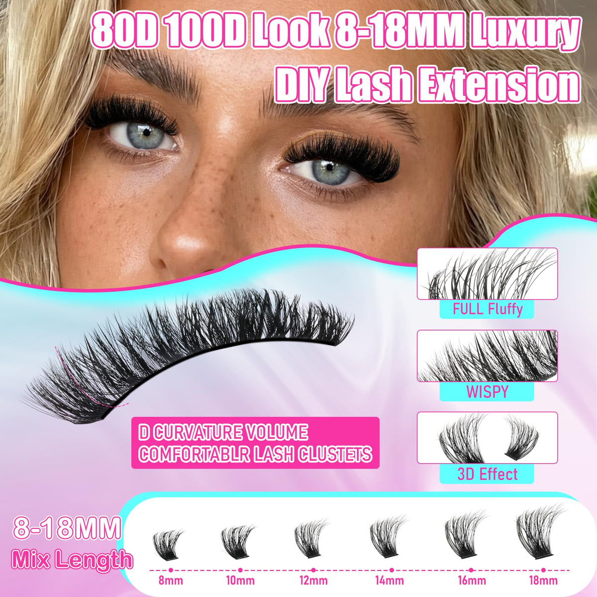 Lash Clusters Wispy 80D Eyelash Clusters 10-18mm Fluff Cluster Eyelash Extensions D Curl No Plastic Feel Individual Lashes Extension 240 Pcs Versatile False Eyelashes Clusters