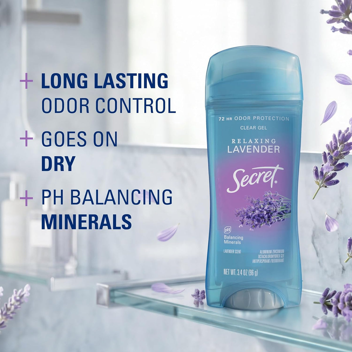 Secret Fresh Antiperspirant Deodorant for Women, 72hr Breathable Sweat & Odor Protection, Instant Freshness & Gentle, PH Balancing Minerals, Clear Gel, Relaxing Lavender Scent, 2.6 oz