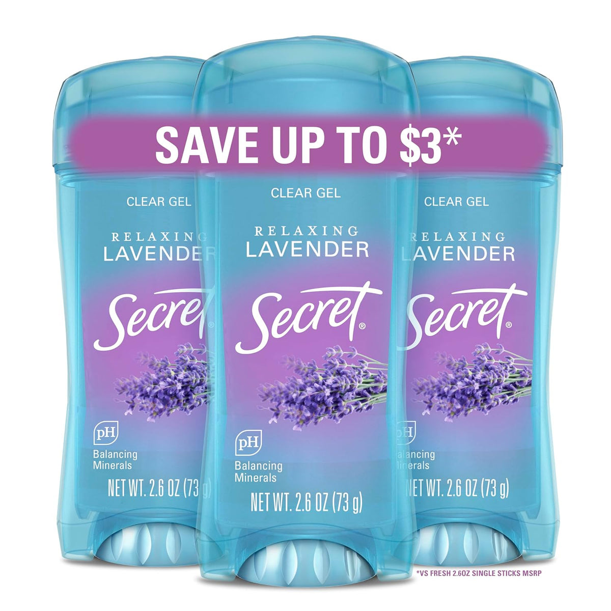 Secret Fresh Antiperspirant Deodorant for Women, 72hr Breathable Sweat & Odor Protection, Instant Freshness & Gentle, PH Balancing Minerals, Clear Gel, Relaxing Lavender Scent, 2.6 oz