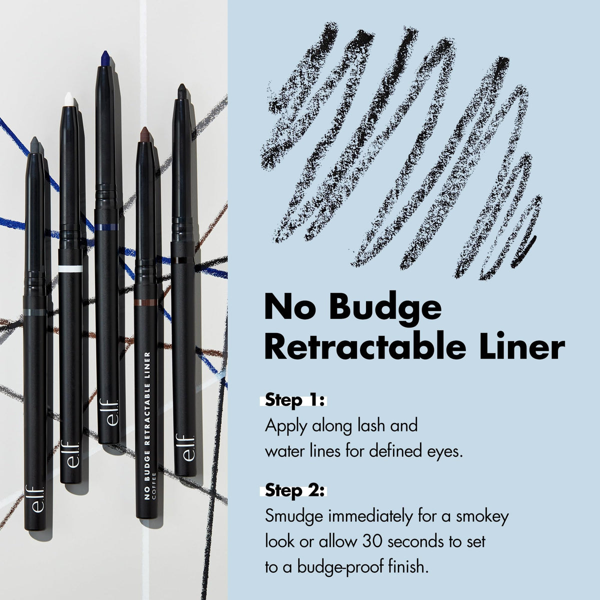 e.l.f. No Budge Retractable Eyeliner, Creamy, Ultra-Pigmented & Waterproof, Creates Bold & Defined Lines, Vegan & Cruelty-Free, Black