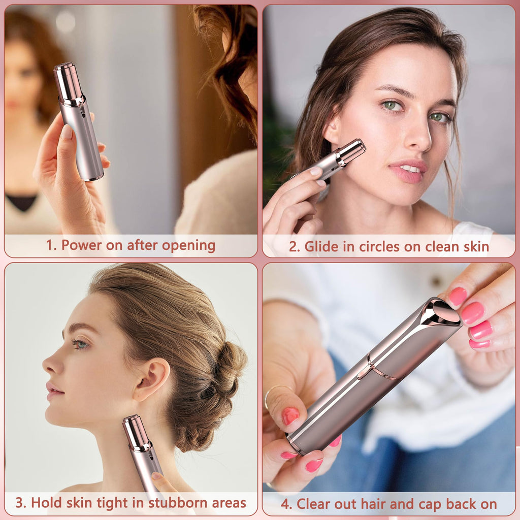 Facial Hair Remover for Women - as Seen on TV Painless Face Shaver - Electric Hair Removal Device for Face Lips Peach Fuzz with Light (Rose Gold)