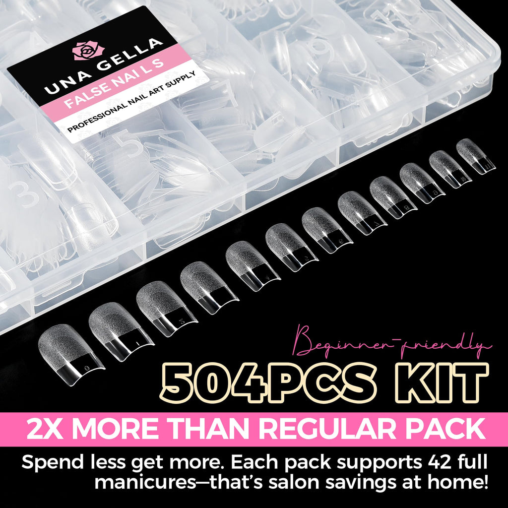 UNA GELLA Almond Gel Nail Tips 504PCS Pre-Etched Clear Fake Nails Tips