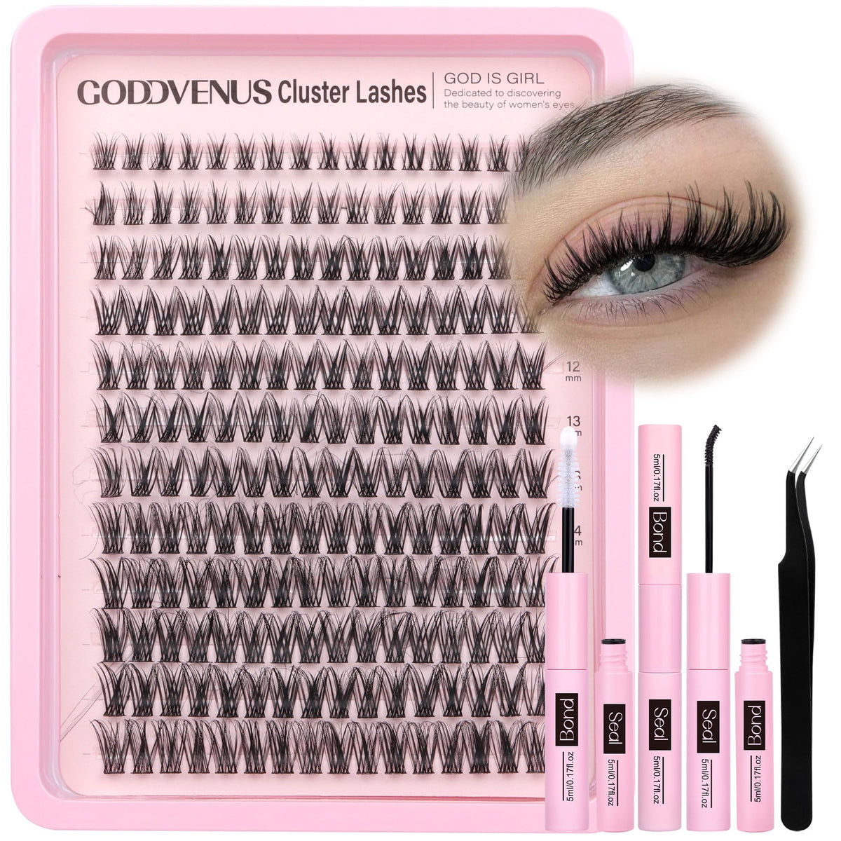 Goddvenus Lash Clusters Kit Wispy Eyelash Clusters Lashes Natural DIY Lash Extension Kit 10-16mm Cluster Eyelash Extensions Kit 300pcs C Curl Individual Lashes Cluster Eyelash (With Tweezers)