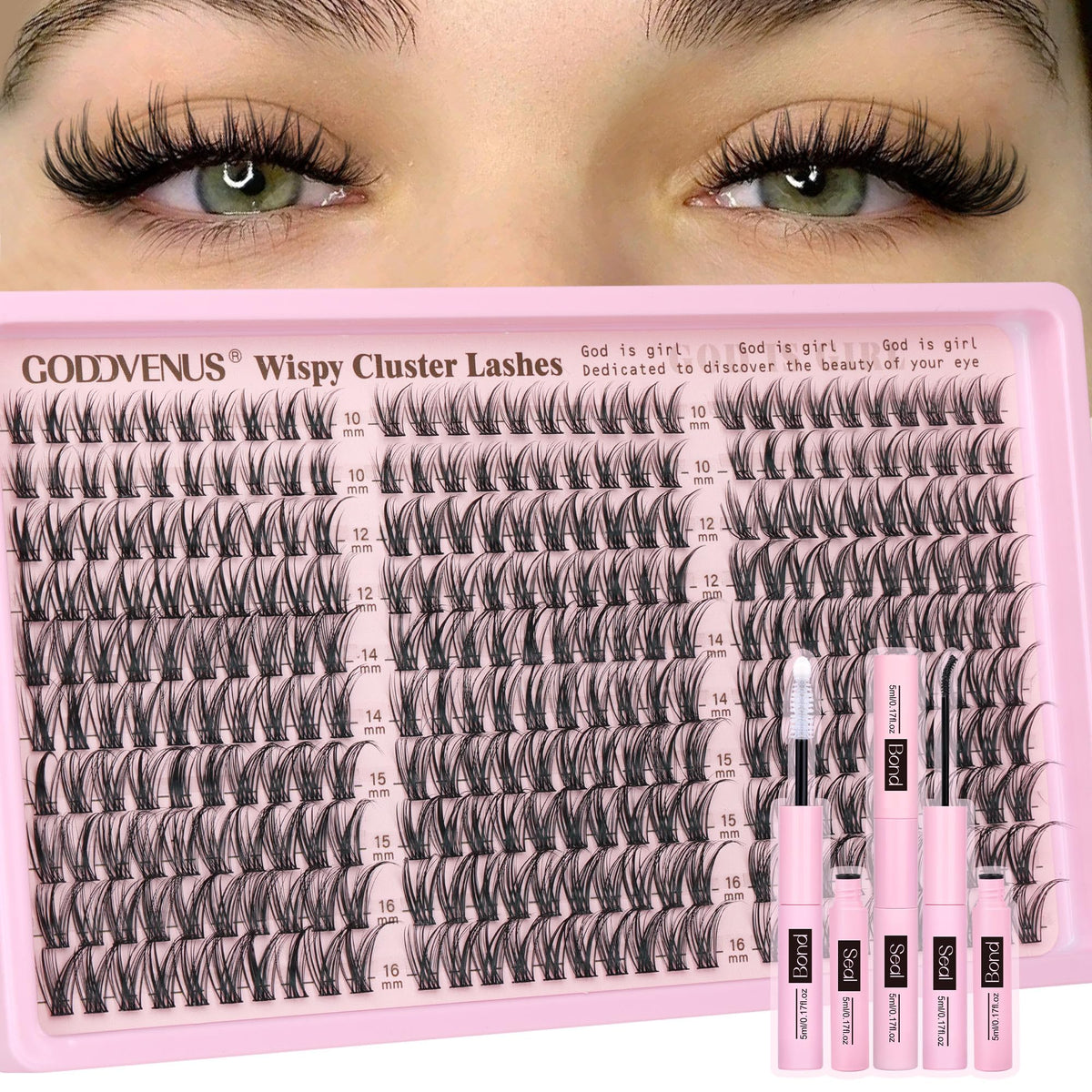 Goddvenus Lash Clusters Kit Wispy Eyelash Clusters Lashes Natural DIY Lash Extension Kit 10-16mm Cluster Eyelash Extensions Kit 300pcs C Curl Individual Lashes Cluster Eyelash (With Tweezers)
