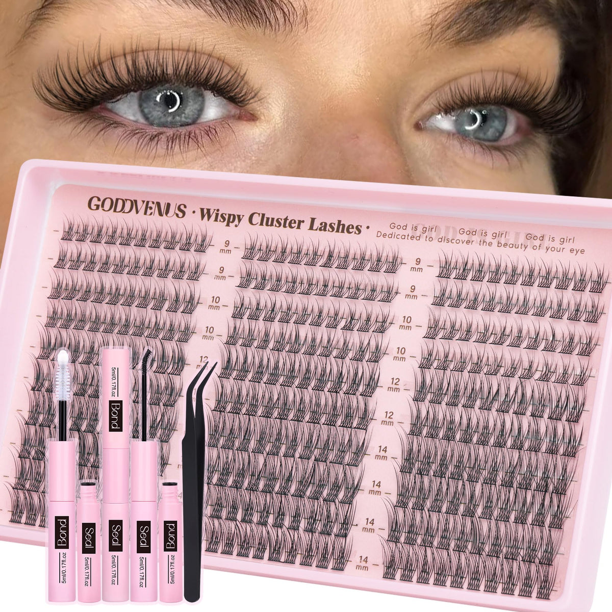 Goddvenus Lash Clusters Kit Wispy Eyelash Clusters Lashes Natural DIY Lash Extension Kit 10-16mm Cluster Eyelash Extensions Kit 300pcs C Curl Individual Lashes Cluster Eyelash (With Tweezers)