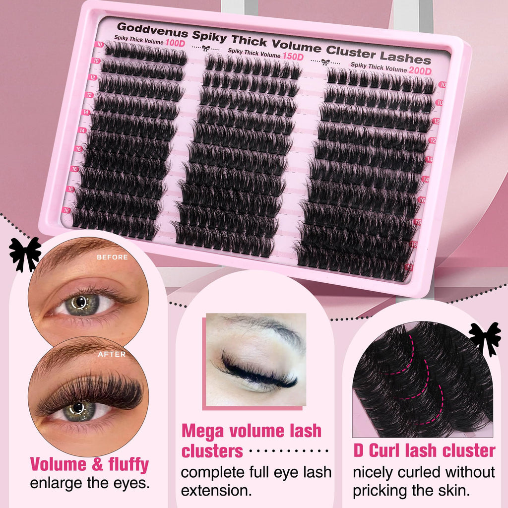 Goddvenus Lash Clusters Kit Wispy Eyelash Clusters Lashes Natural DIY Lash Extension Kit 10-16mm Cluster Eyelash Extensions Kit 300pcs C Curl Individual Lashes Cluster Eyelash (With Tweezers)