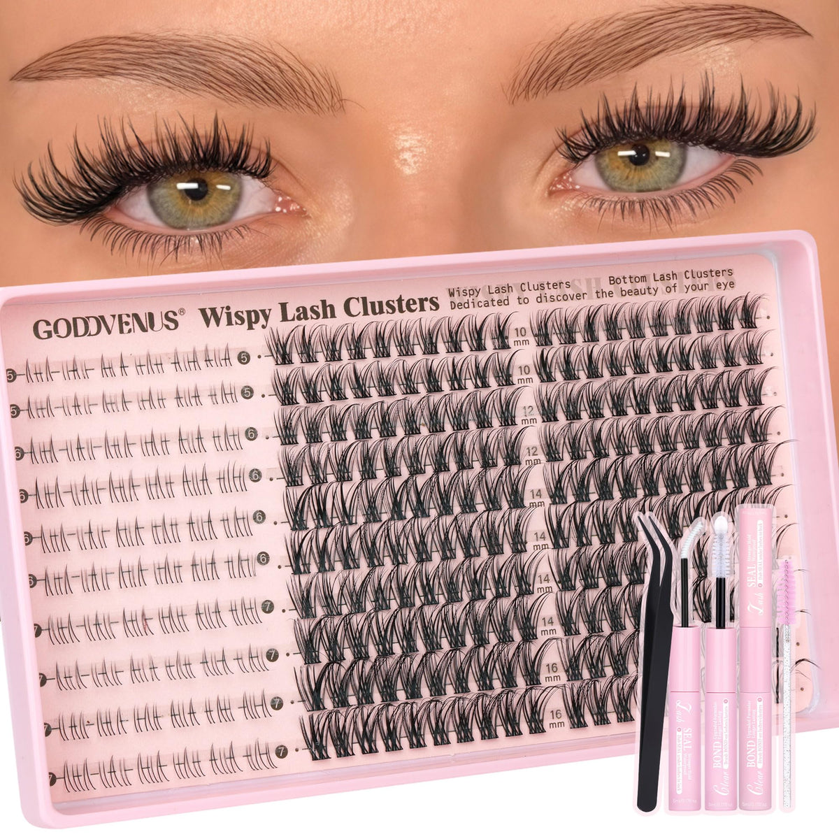 Goddvenus Lash Clusters Kit Wispy Eyelash Clusters Lashes Natural DIY Lash Extension Kit 10-16mm Cluster Eyelash Extensions Kit 300pcs C Curl Individual Lashes Cluster Eyelash (With Tweezers)