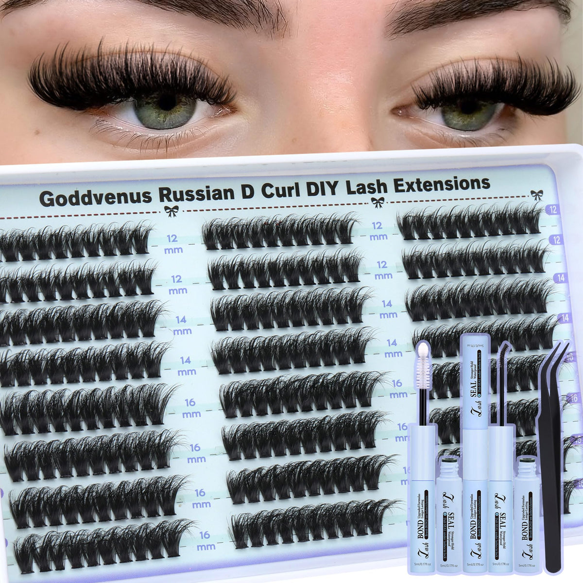 Goddvenus Lash Clusters Kit Wispy Eyelash Clusters Lashes Natural DIY Lash Extension Kit 10-16mm Cluster Eyelash Extensions Kit 300pcs C Curl Individual Lashes Cluster Eyelash (With Tweezers)