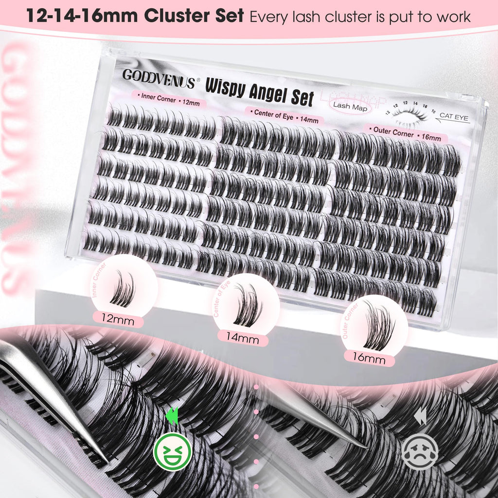 Goddvenus Lash Clusters Kit Wispy Eyelash Clusters Lashes Natural DIY Lash Extension Kit 10-16mm Cluster Eyelash Extensions Kit 300pcs C Curl Individual Lashes Cluster Eyelash (With Tweezers)