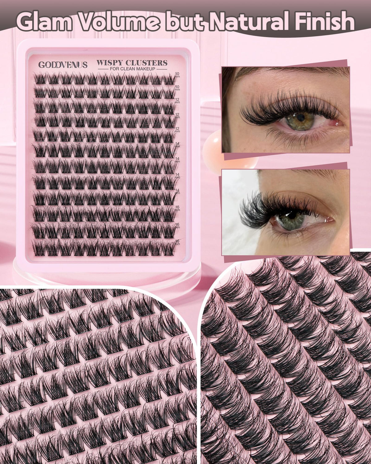 Goddvenus Lash Clusters Kit Wispy Eyelash Clusters Lashes Natural DIY Lash Extension Kit 10-16mm Cluster Eyelash Extensions Kit 300pcs C Curl Individual Lashes Cluster Eyelash (With Tweezers)